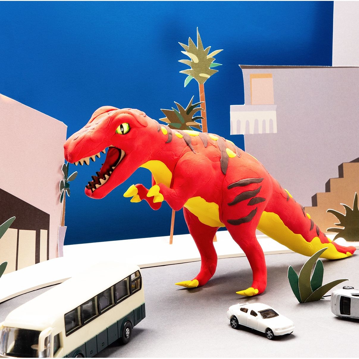 Jucarie inteligenta, educativa si creativa cu puzzle 3D din lemn si pasta modelatoare, T-Rex Dinozaur, 3+DIY