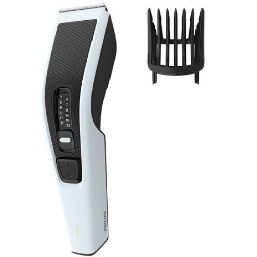 Masina electrica de tuns Philips 145DP cu Tehnologie Trim-n-Flow, Lame cu tais dublu din Otel Inoxidabil, 13 setari de lungime de la 0,5 la 23 mm , Modern , Alb