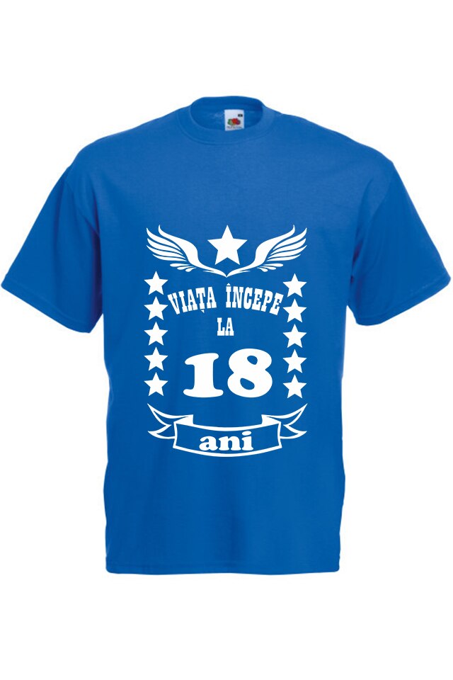 Tricou personalizat Fruit of the loom albastru, Viata incepe la 18 ani, 2XL