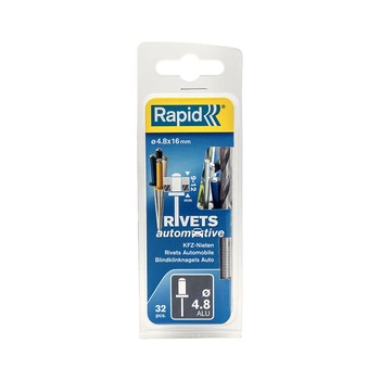Nituri Rapid Automotive diametru 4.8mm x 16mm, aluminiu, 4 culori, burghiu metal inclus, 32 buc/set 5000404 Nituri Rapid Automotive diametru 4.8mm x 16mm, aluminiu, 4 culori, burghiu metal inclus, 32 buc/set 5000404