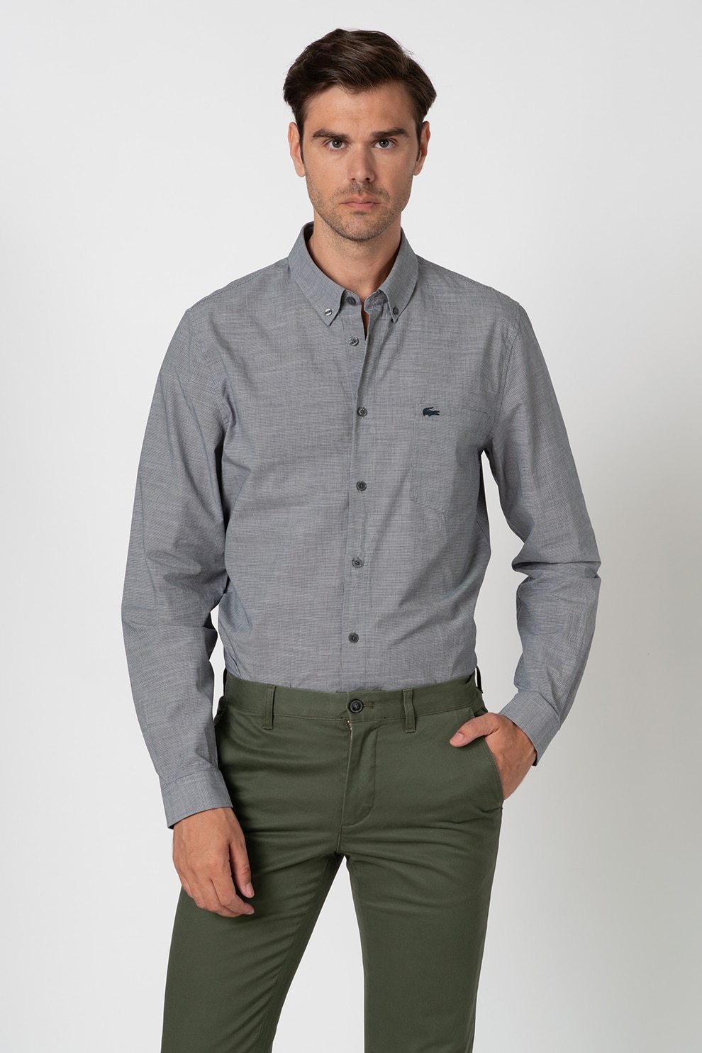 Lacoste, Camasa slim fit cu buzunar aplicat, bleumarin inchis, alb
