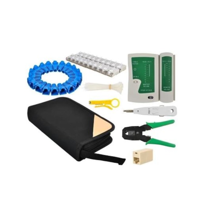 Комплект мрежови инструменти Iso Trade, 9 части, Тестер за мрежови кабели, Клещи за пресоване, Инструмент за фиксиране / рязане на кабел в слот и инструмент за ецване с резач