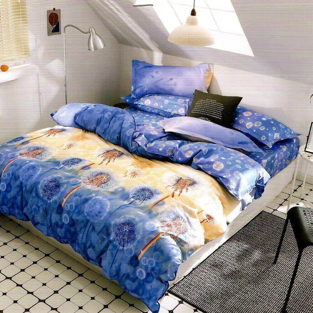 Set Lenjerie Bumbac Satinat, 6 Piese, Pat 2 Persoane, Blue Dandelion