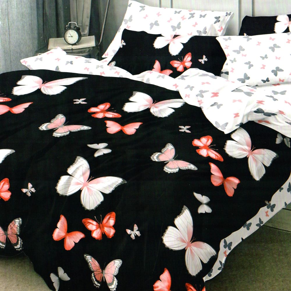 Set Lenjerie Finet Satinat, 6 Piese, Pat 2 Persoane, Flying Butterflies