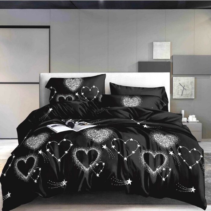 Lenjerie 3D Bumbac Satinat, 4 Piese, Pat 2 Persoane, Star Heart