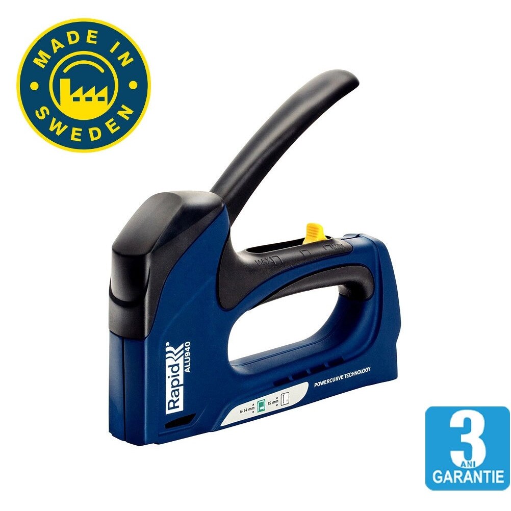 Capsator tacker Rapid ALU940 Dual, tehnologie Powercurve, reglare forta capsare, corp aluminiu, grip cauciuc, capse 140/6-14 mm, cuie 8/15, 5000519