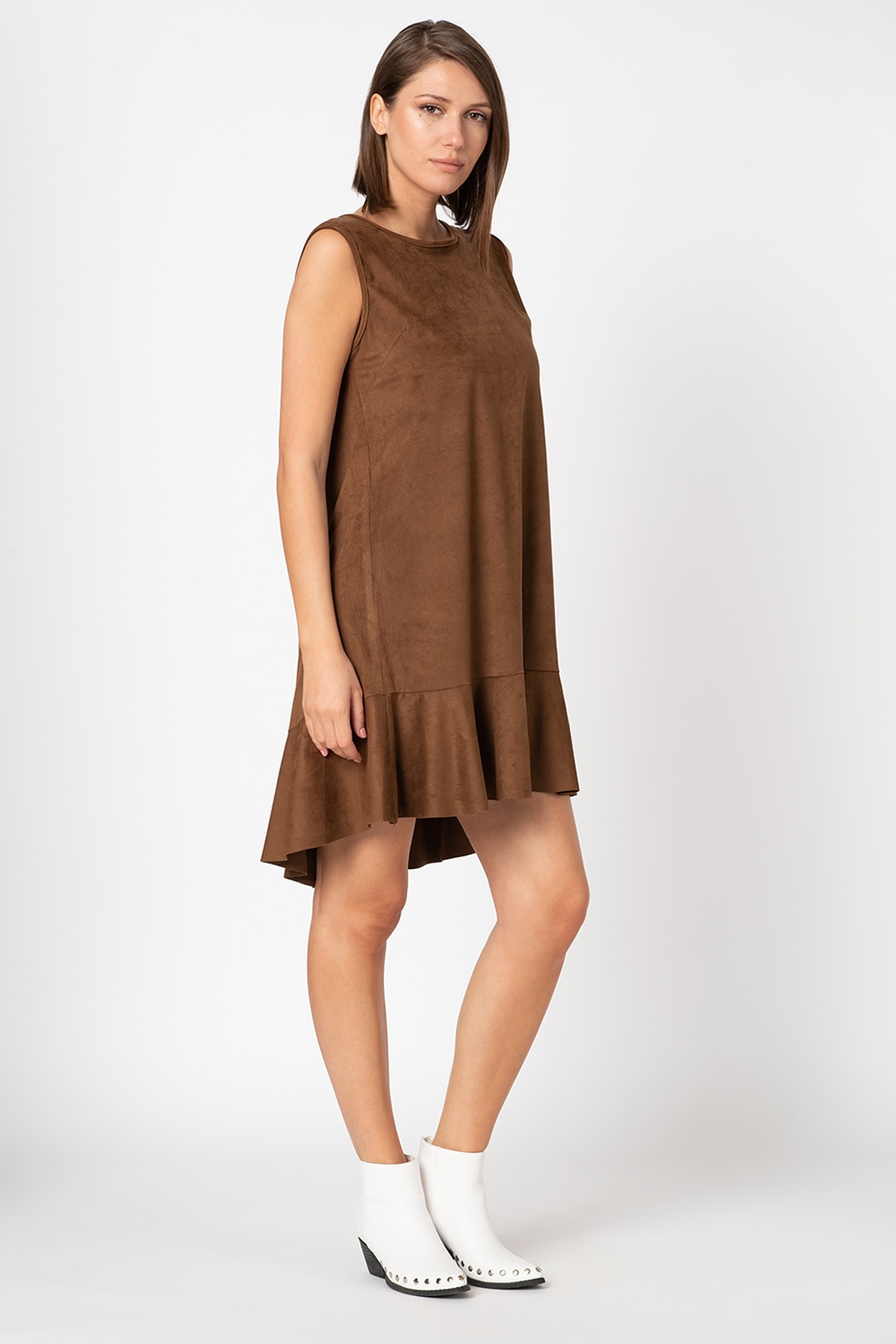 Antonia M, Rochie mini asimetrica, cu volane la terminatie, Maro