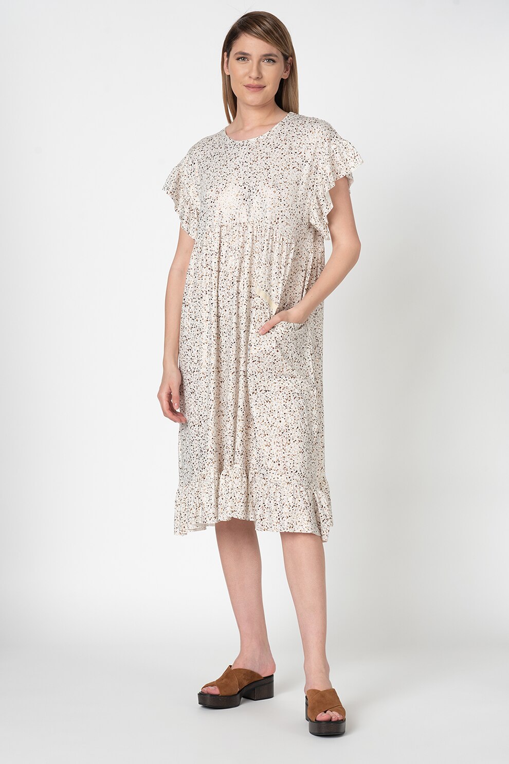 Antonia M, Rochie lejera cu model abstract, Alb/Auriu, One Size