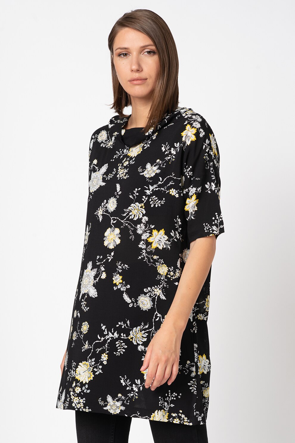 Antonia M, Rochie mini cu model floral si maneci cazute, Negru/Alb/Galben