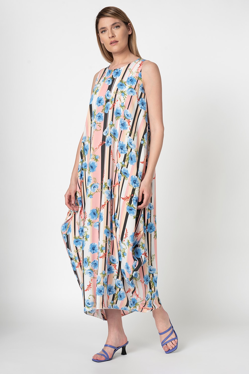 Antonia M, Rochie lejera cu model floral si in dungi, Roz/Albastru, S