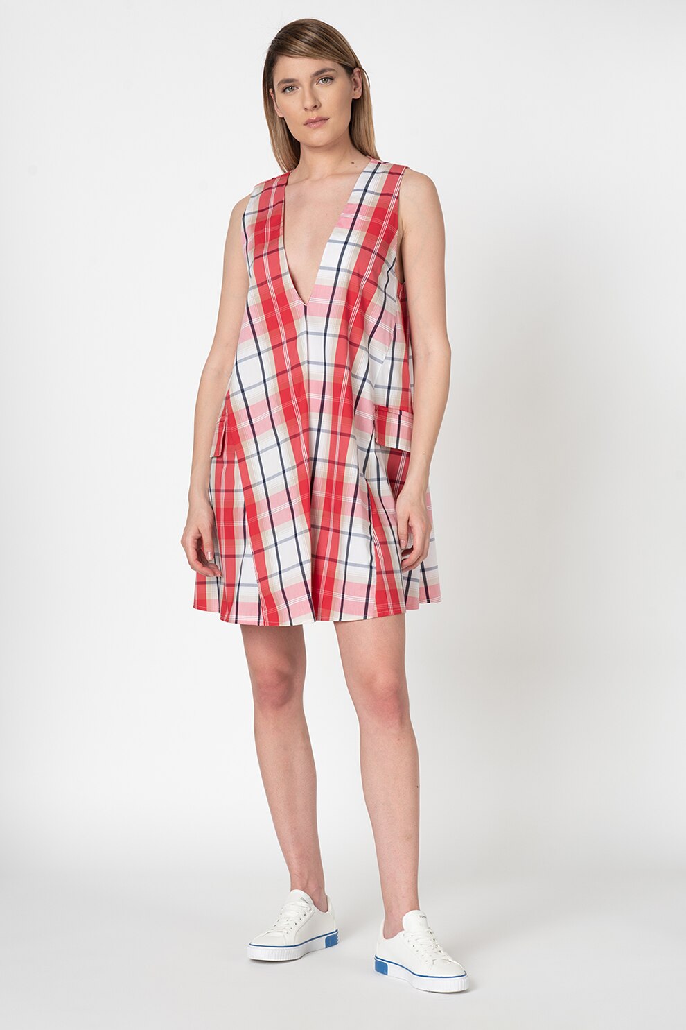 Antonia M, Rochie lejera cu decolteu in V, Rosu/Bej