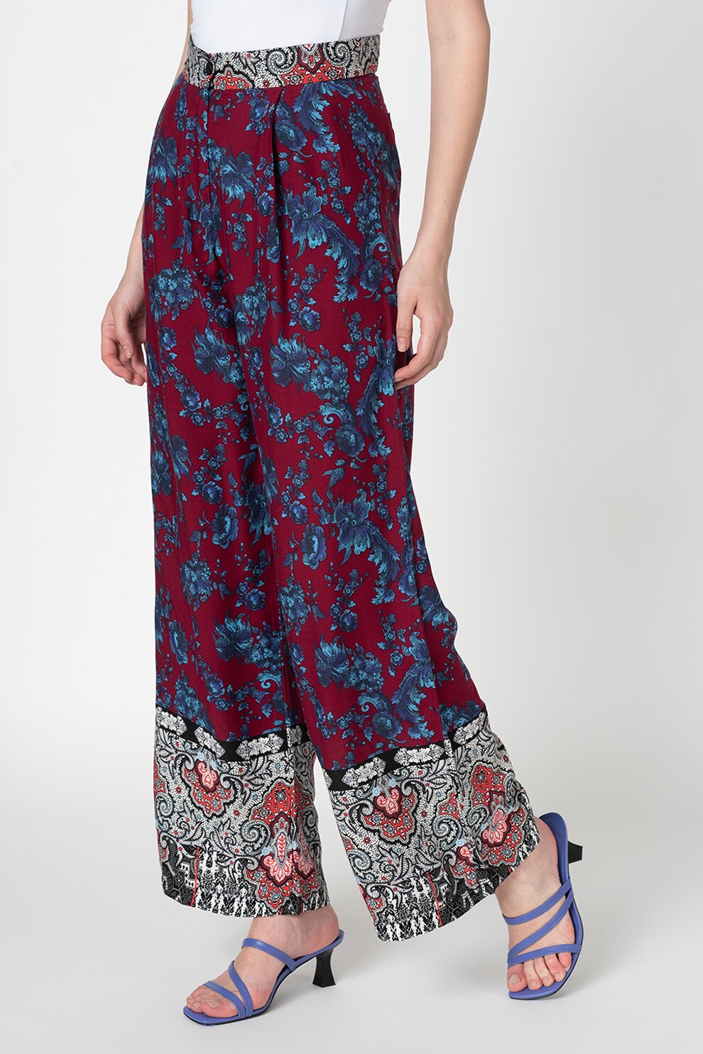 Antonia M, Pantaloni cu croiala ampla si imprimeu floral, Rosu Bordeaux