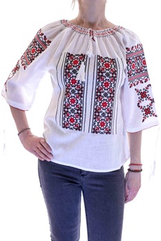 Ie Traditionala Dama Lia Alba cu Imprimeu Traditional, Alb/Rosu Ie Traditionala Dama Lia Alba cu Imprimeu Traditional, Alb/Rosu