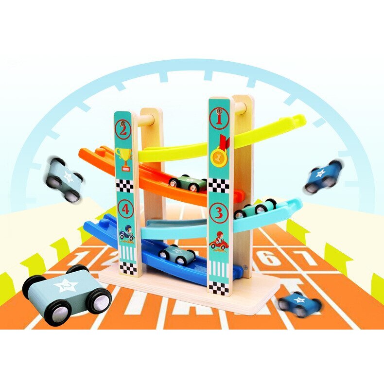 Circuit curse din lemn Montessori, MUT Four-Track Scooter, 4 masinute, Multicolor, +12 luni