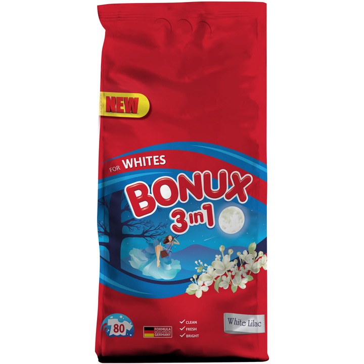 Detergent automat Bonux 3in1 Liliac Alb, 80 spalari, 8 kg