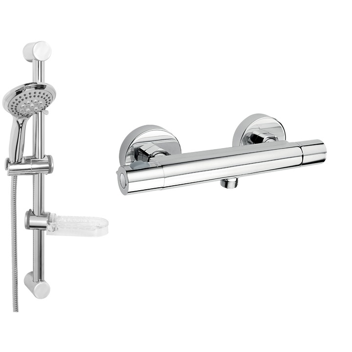 Set dus reglabil cu baterie termostatata Ferro, Suport culisant, Para dus mobila cu 5 functii, Suport sapun, Transparenta