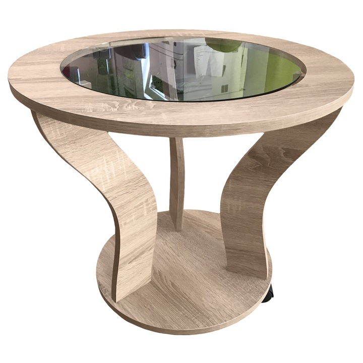Masuta rotunda sticla, Iza, culoare bej, lemn, 57x57x53