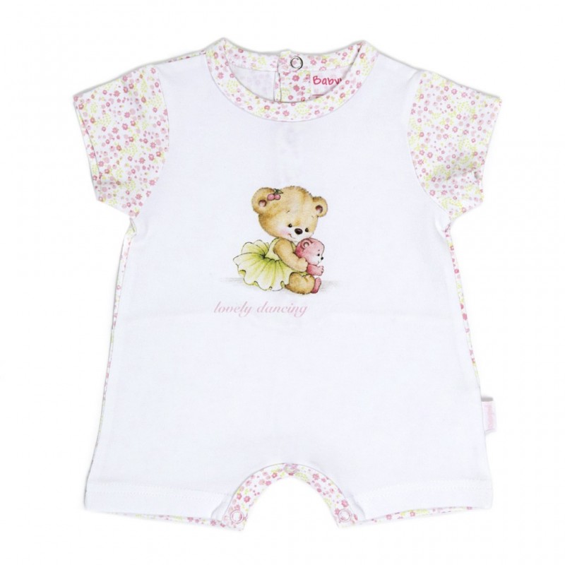 Salopeta Babybol fetita, maneca scurta, imprimeu flori roz, 3 luni