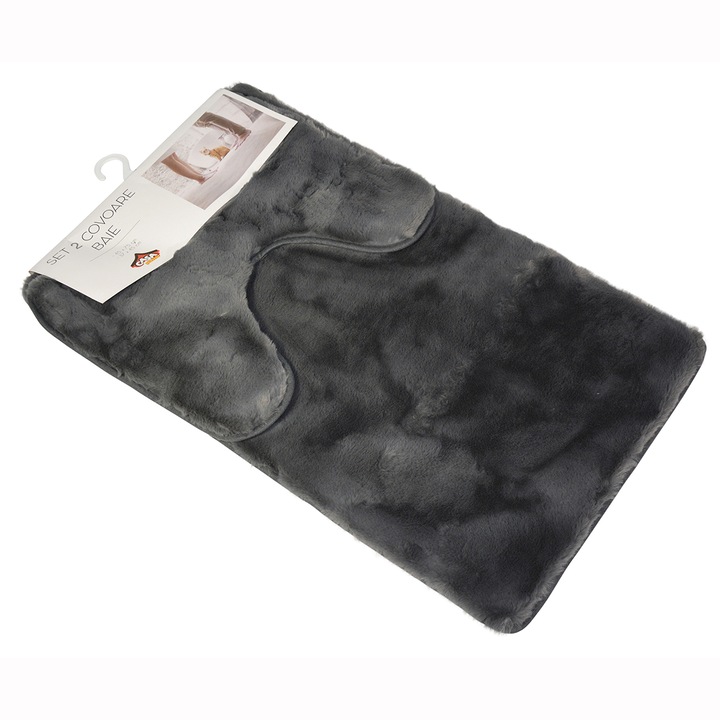 Set 2 covoare baie pufoase, Casa Plastor, 75x45 cm, antracit