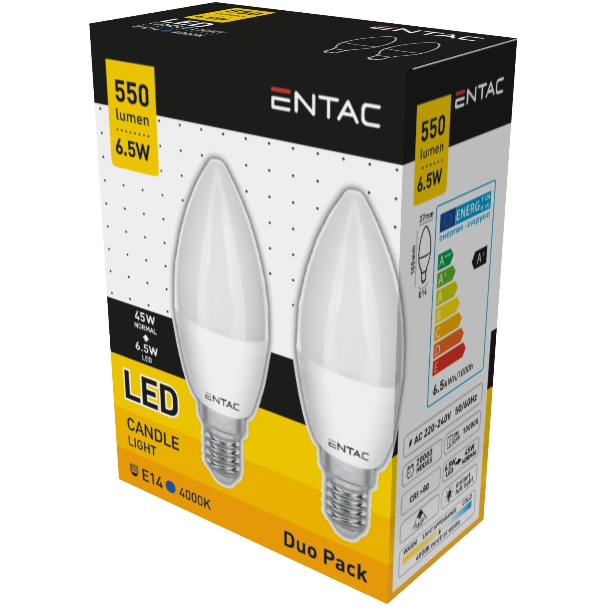 Set 2 becuri Entac LED 6.5W, E14, 4000K, tip lumanare, 550 lumeni, lumina neutra
