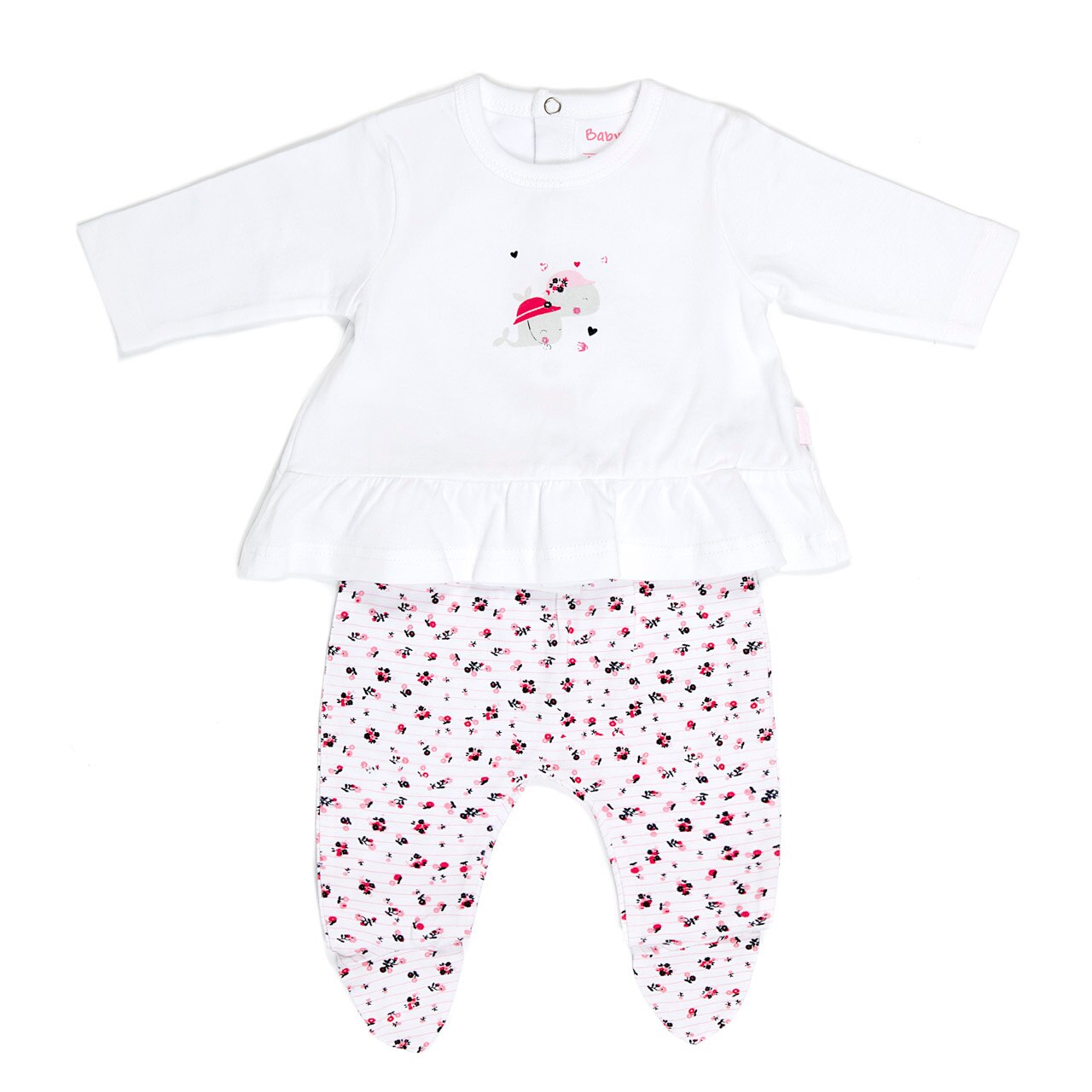 Set 2 piese fetita, bluza si pantalonas cu botosei, Babybol, cu imprimeu, alb