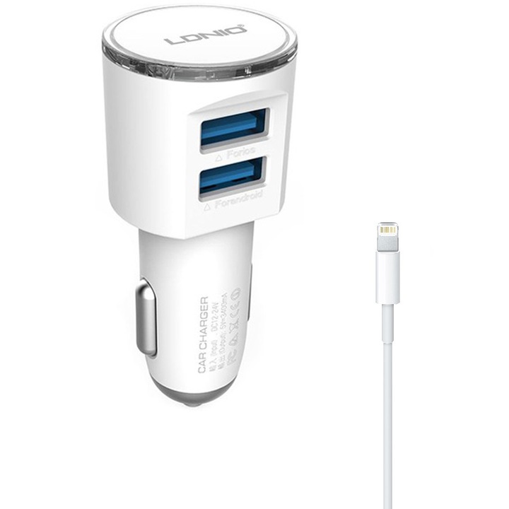 Ldnio зарядно за кола двойно зареждане за iPhone + lightning кабел iPhone, 3.4 A., бързо зареждане, качество A+++