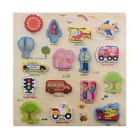 Tablita din lemn Montessori cu figurine detasabile, City Traffic, 16 piese 3D cu suport, Multicolor, + 3 ani