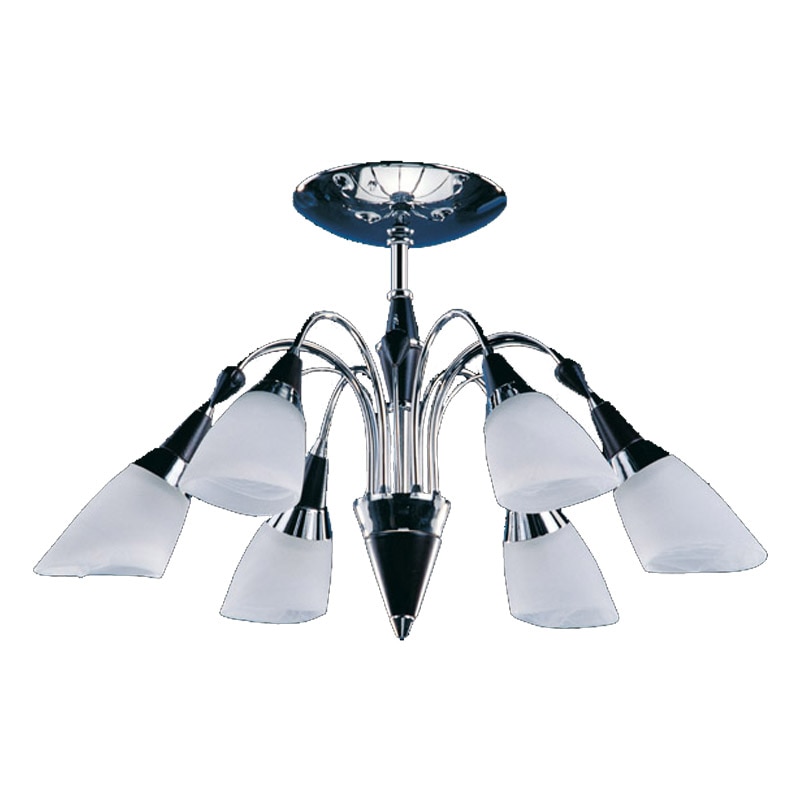 Lustra BUSSY LIGHTING 7001 Pegasus cu 6 brate, 6xE14, diametru 48cm, inaltime 40cm, lemn venge , metal finisaj crom / sticla alb