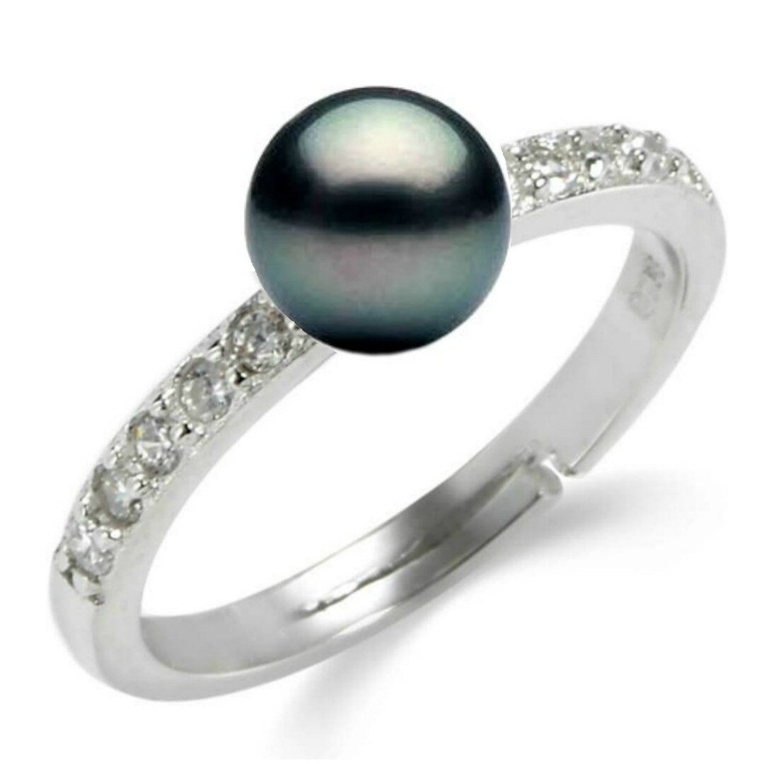 Inel Reglabil din Argint Pavat cu Zirconii si Perla Naturala Neagra