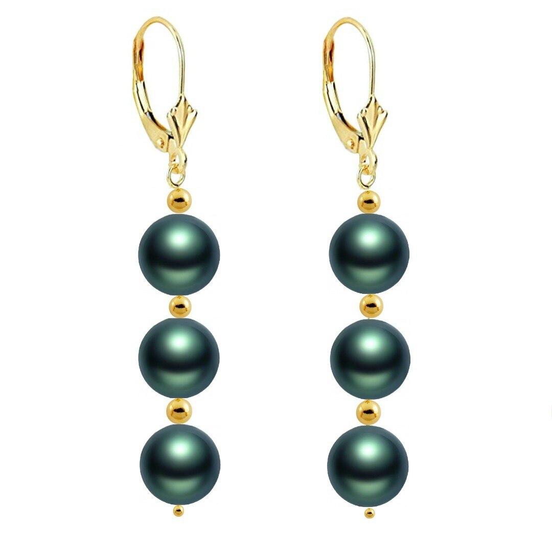 Cercei Tripli Exotic Green Perle Naturale Rare, Akoya si Aur de 14 karate