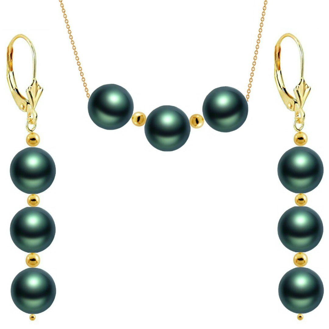 Set Exclussive Trio Exotic Green cu Perle Naturale Rare, Akoya si Aur de 14 karate