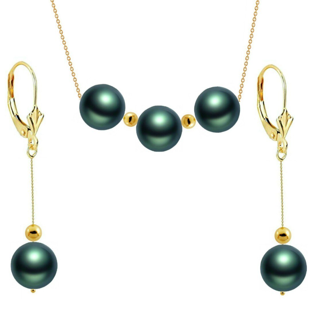 Set Trio Exotic Green cu Perle Naturale Rare, Akoya si Aur de 14 karate