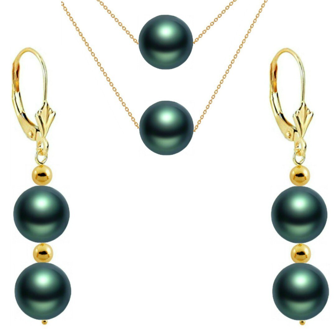 Set Duo Exotic Green cu Perle Naturale Rare Akoya si Aur de 14 karate