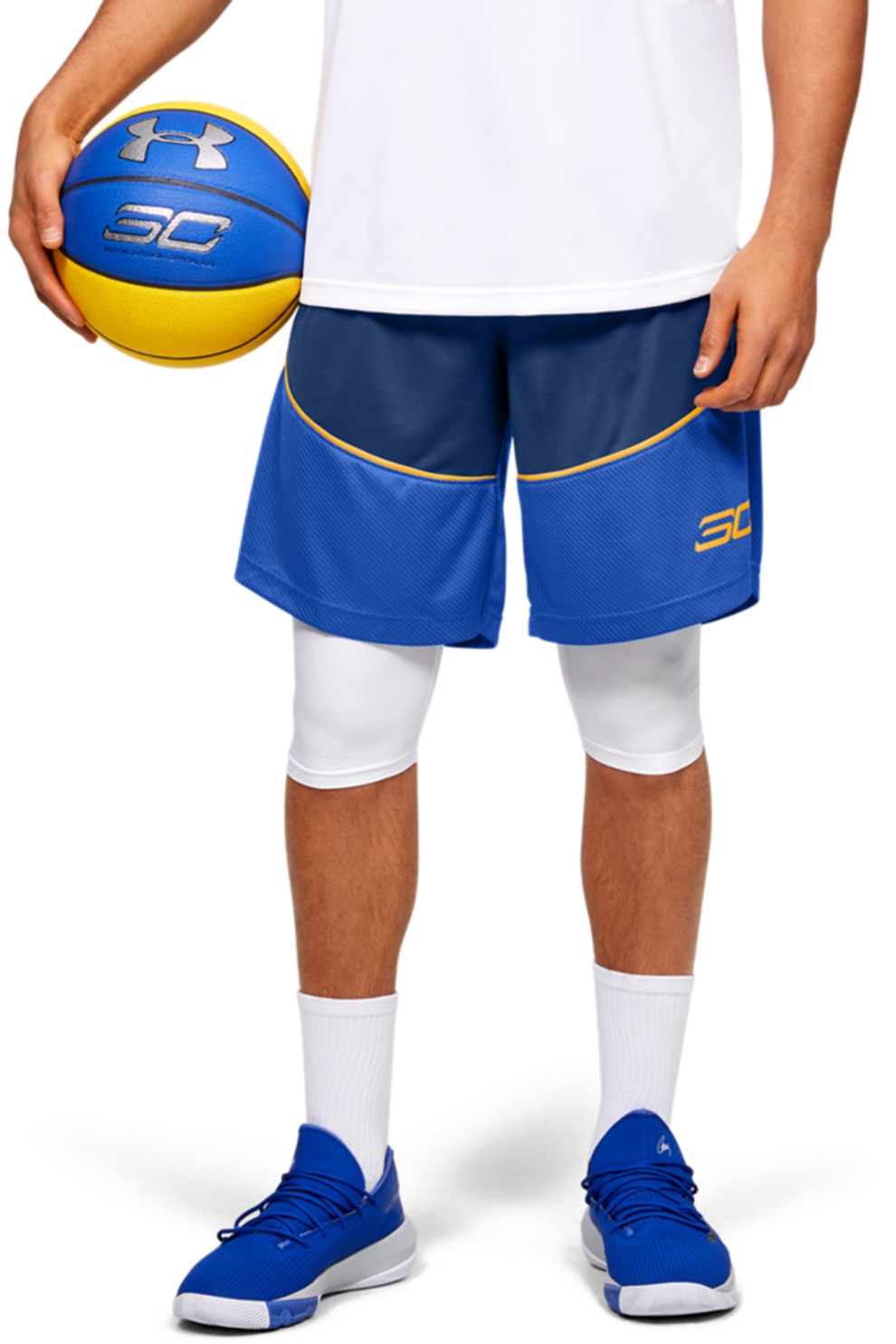 Under Armour, Pantaloni scurti lejeri cu detalii contrastante, pentru baschet SC30™, Albastru/Oranj
