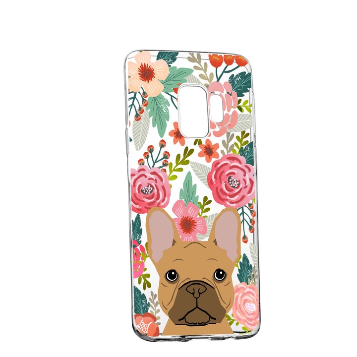 Husa Dog and Flowers, pentru Samsung Galaxy J4 2018, rezistenta la uzura, anti-alunecare, din silicon Premium, 637