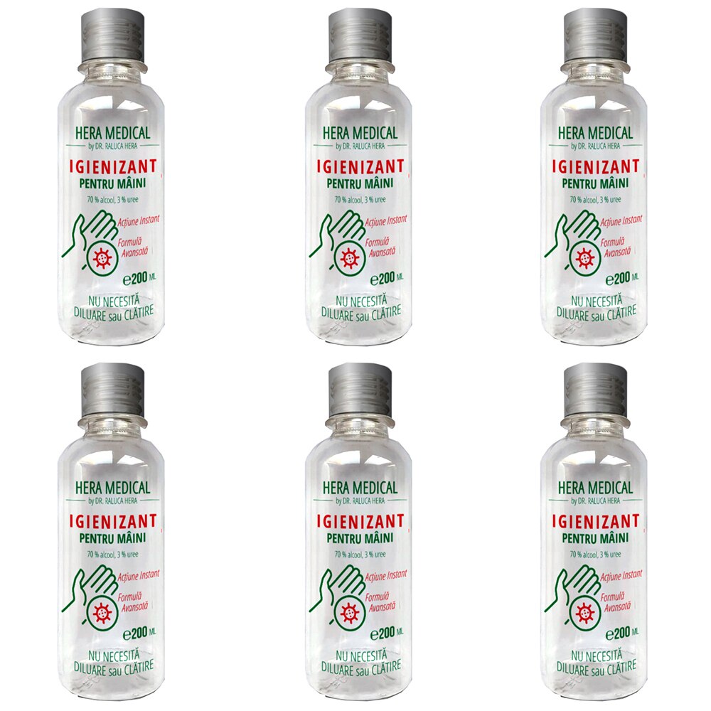 Igienizant pentru maini, cu alcool 70 % si uree, 200 ml, Set 6 bucati