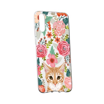 Husa Cat and Flowers, pentru Huawei P30, rezistenta la uzura, anti-alunecare, din silicon Premium, 638 Husa Cat and Flowers, pentru Huawei P30, rezistenta la uzura, anti-alunecare, din silicon Premium, 638
