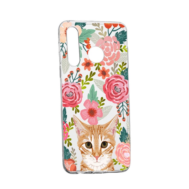 Husa Cat and Flowers, pentru Samsung Galaxy A40, rezistenta la uzura, anti-alunecare, din silicon Premium, 638