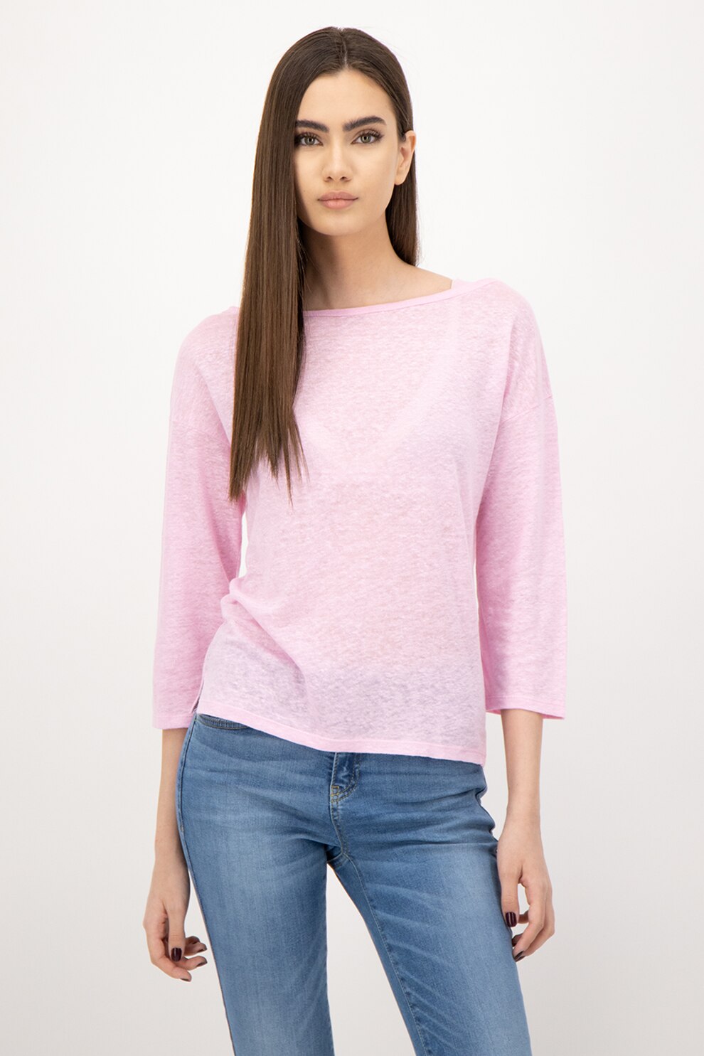 United Colors of Benetton, Bluza din in cu decolteu barcuta, Roz