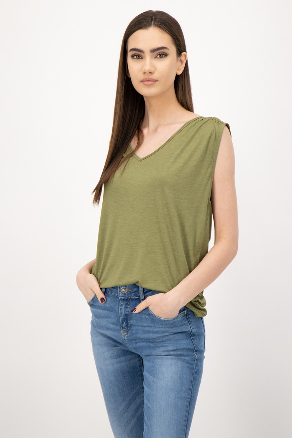 United Colors of Benetton, Top din lyocell cu decolteu in V, Verde feriga