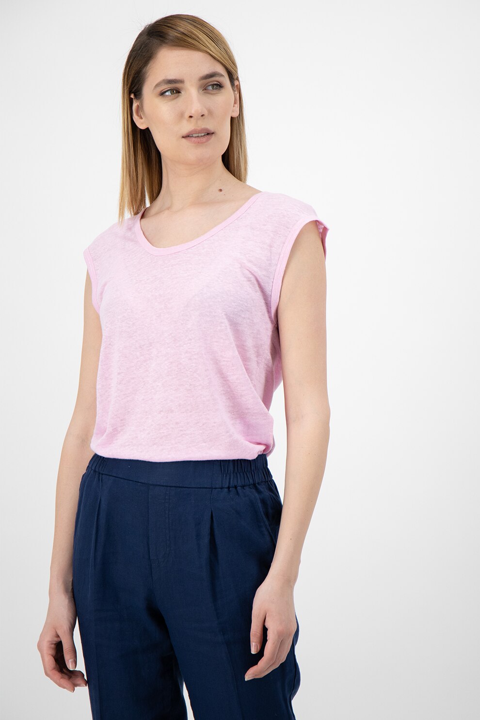 United Colors of Benetton, Tricou din in cu decolteu la baza gatului, Liliac, XL