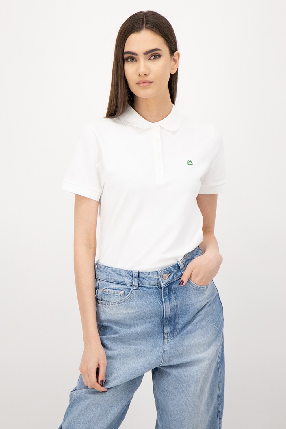 United Colors of Benetton, Tricou polo cu broderie logo discreta pe piept, Alb