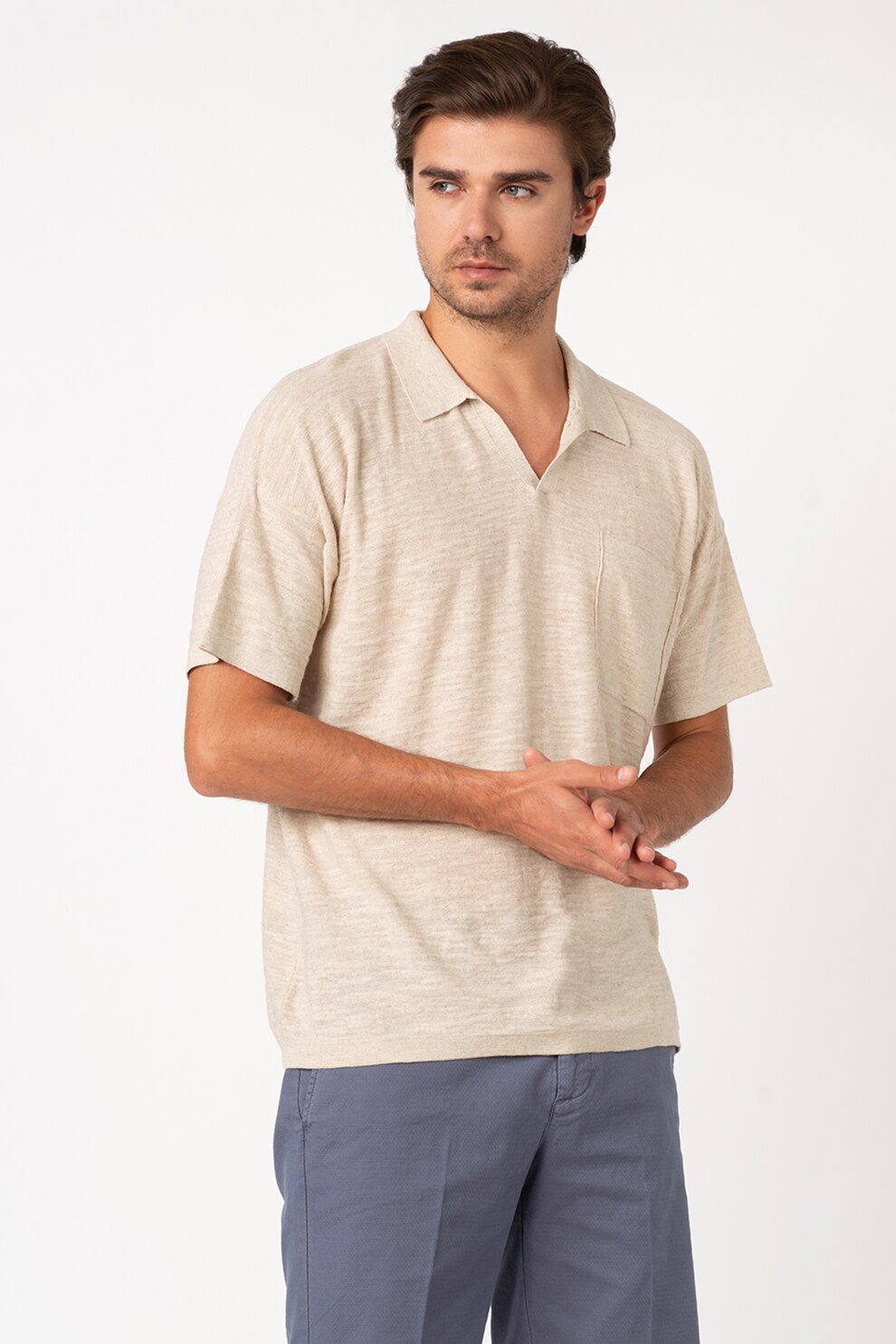 United Colors of Benetton, Tricou polo din amestec de in, Maro nisip