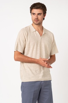 United Colors of Benetton, Tricou polo din amestec de in, Maro nisip United Colors of Benetton, Tricou polo din amestec de in, Maro nisip