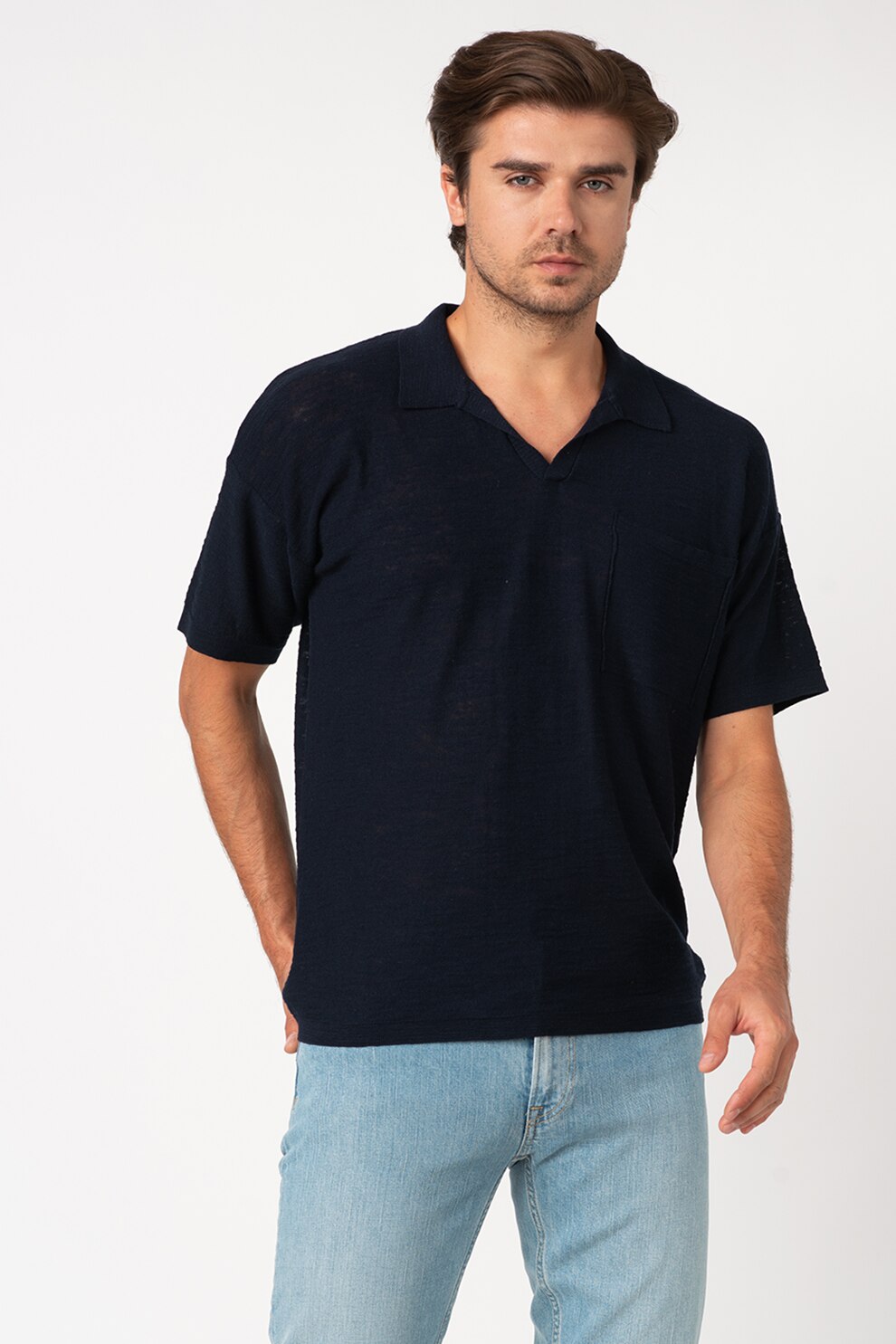 United Colors of Benetton, Tricou polo din amestec de in, Bleumarin inchis