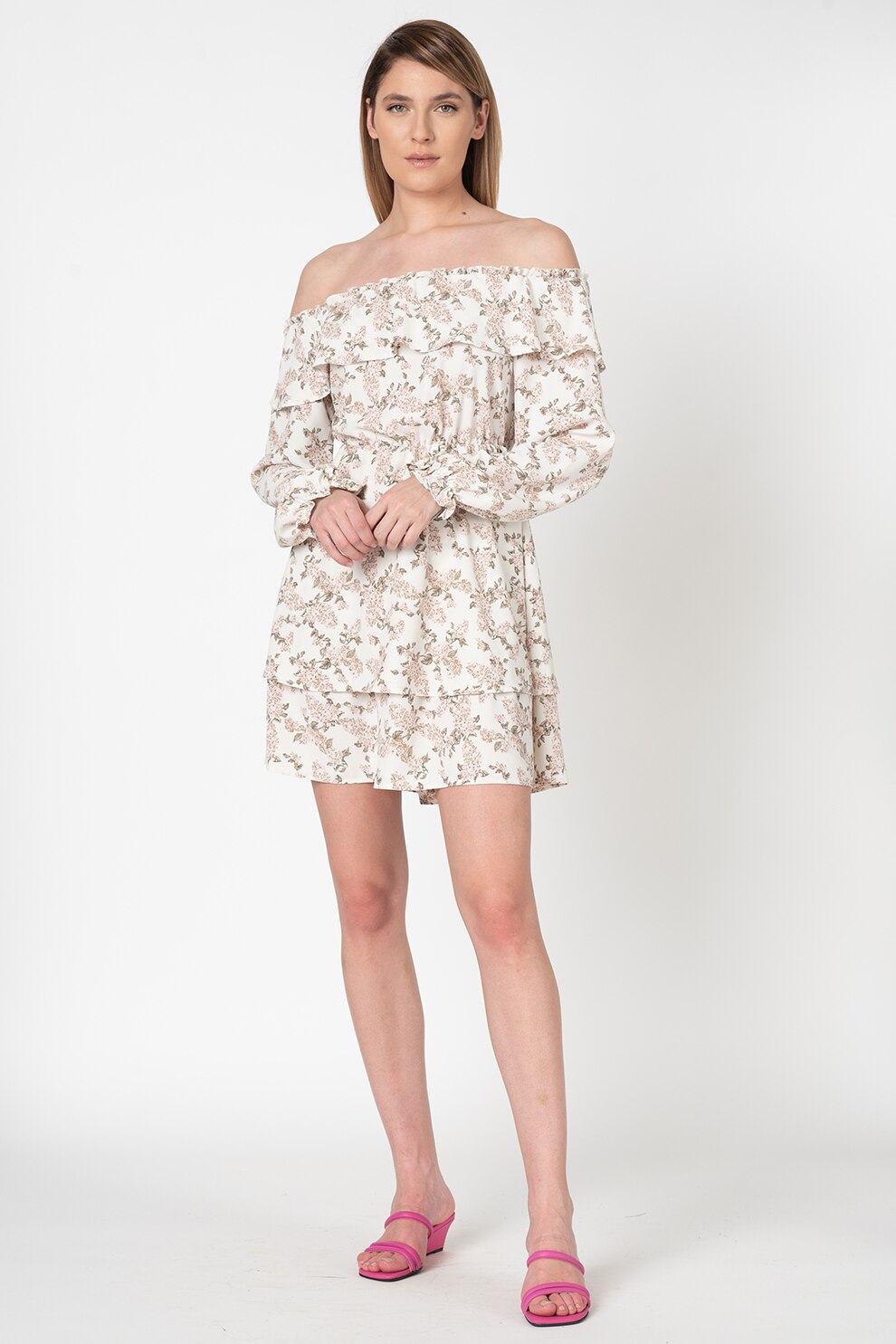 Vila, Rochie mini cu imprimeu floral si decolteu pe umeri Ly, Alb/roz prafuit/verde militar