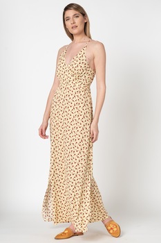 Vila, Rochie maxi cu decolteu in V, Bej/rosu/verde militar, L Vila, Rochie maxi cu decolteu in V, Bej/rosu/verde militar, L