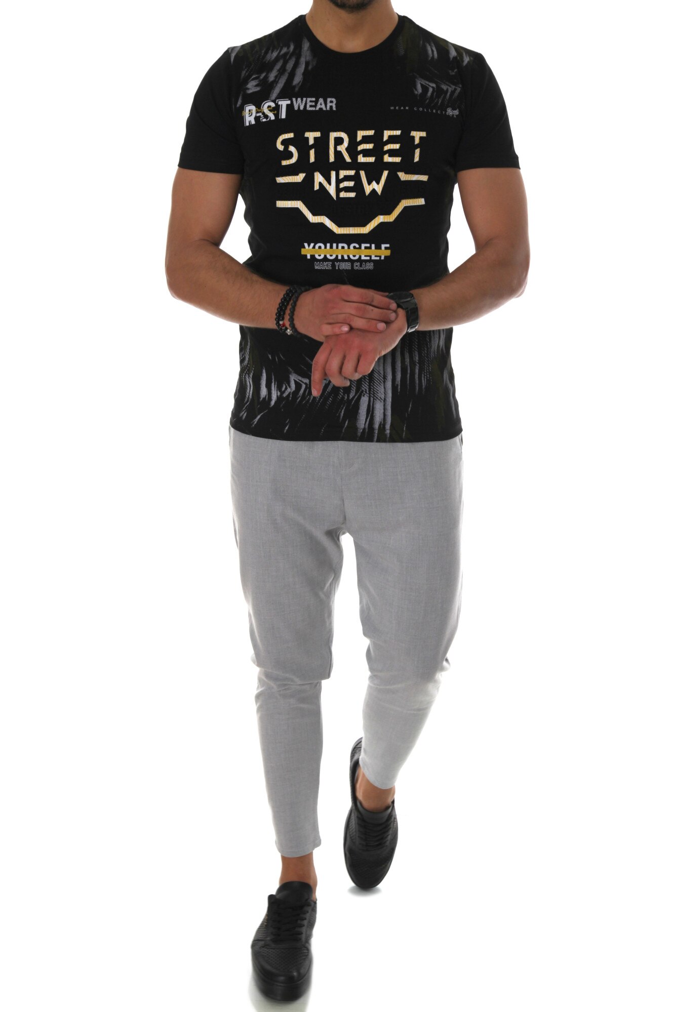 Tricou A5814, negru, slim fit, pentru barbati, cu imprimeu Street new, Negru