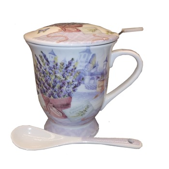 Cana ceai 250 ml, cu infuzor si lingurita, model lavanda, ClauM Cana ceai 250 ml, cu infuzor si lingurita, model lavanda, ClauM