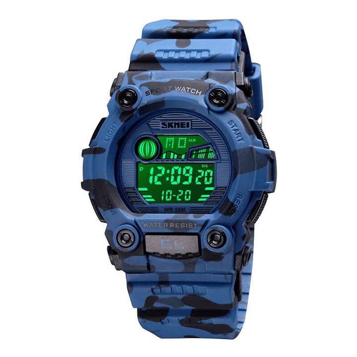 SKMEI 1635 дигитален детски военен часовник. Хронометър, дата, седмица, аларма, 5ATM водоустойчив, камуфлажно син